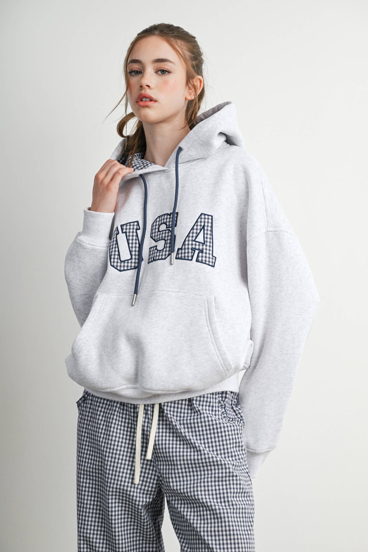 USA Graphic Gingham Lined Hooded Sweatshirt