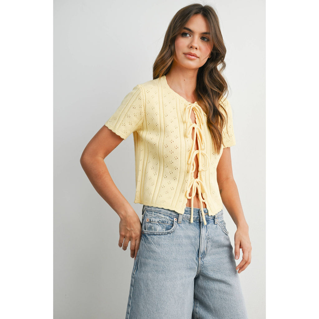 Scalloped Tie-Front Pointelle Knit Top