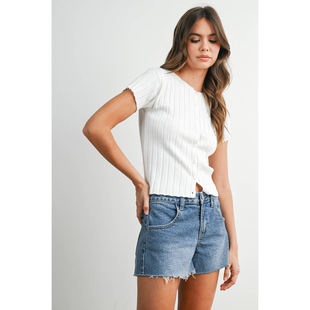 Ribbed Short Sleeve Buttoned Top