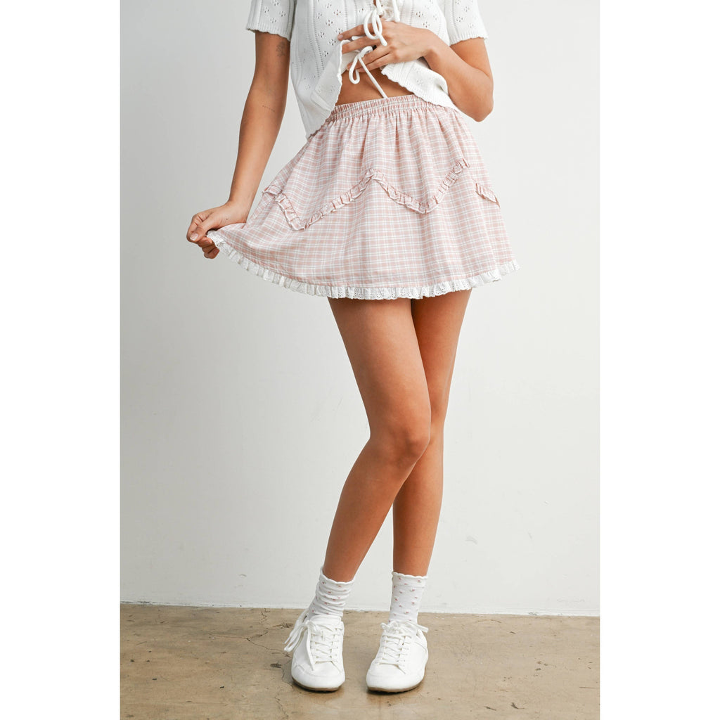 Vintage Check Mini Skirt with Lace Trim