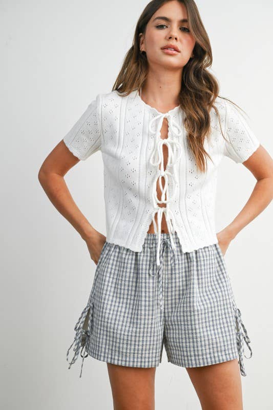 Scalloped Tie-Front Pointelle Knit Top