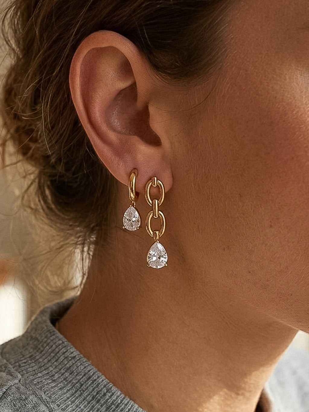 Corsica 18K Gold Non-Tarnish CZ Teardrop Mismatch Earrings