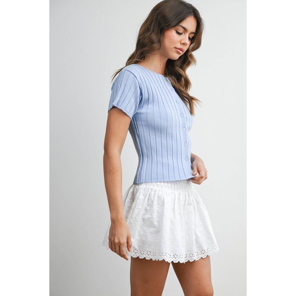 Ribbed Short Sleeve Buttoned Top