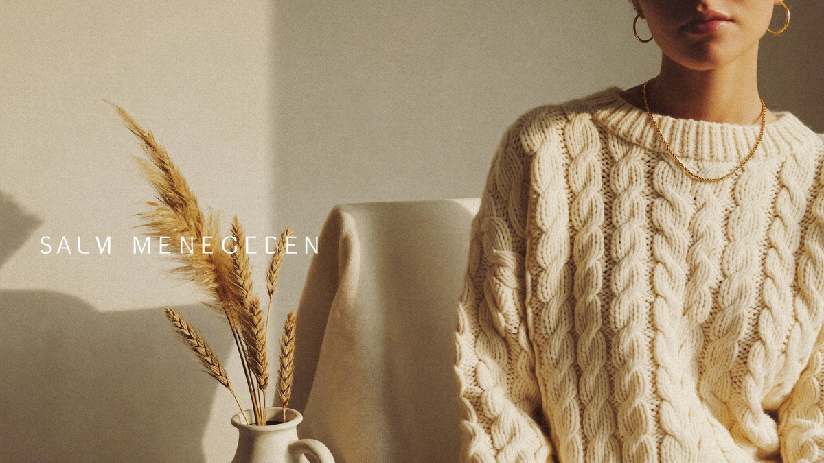 Woman in a cream cable-knit sweater and gold hoop earrings in soft autumn light