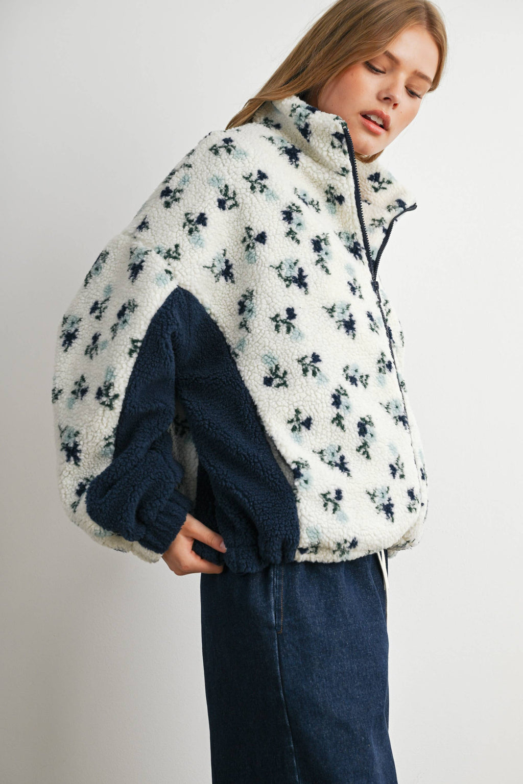 Bluebell Floral Sherpa Fleece Zip Jacket
