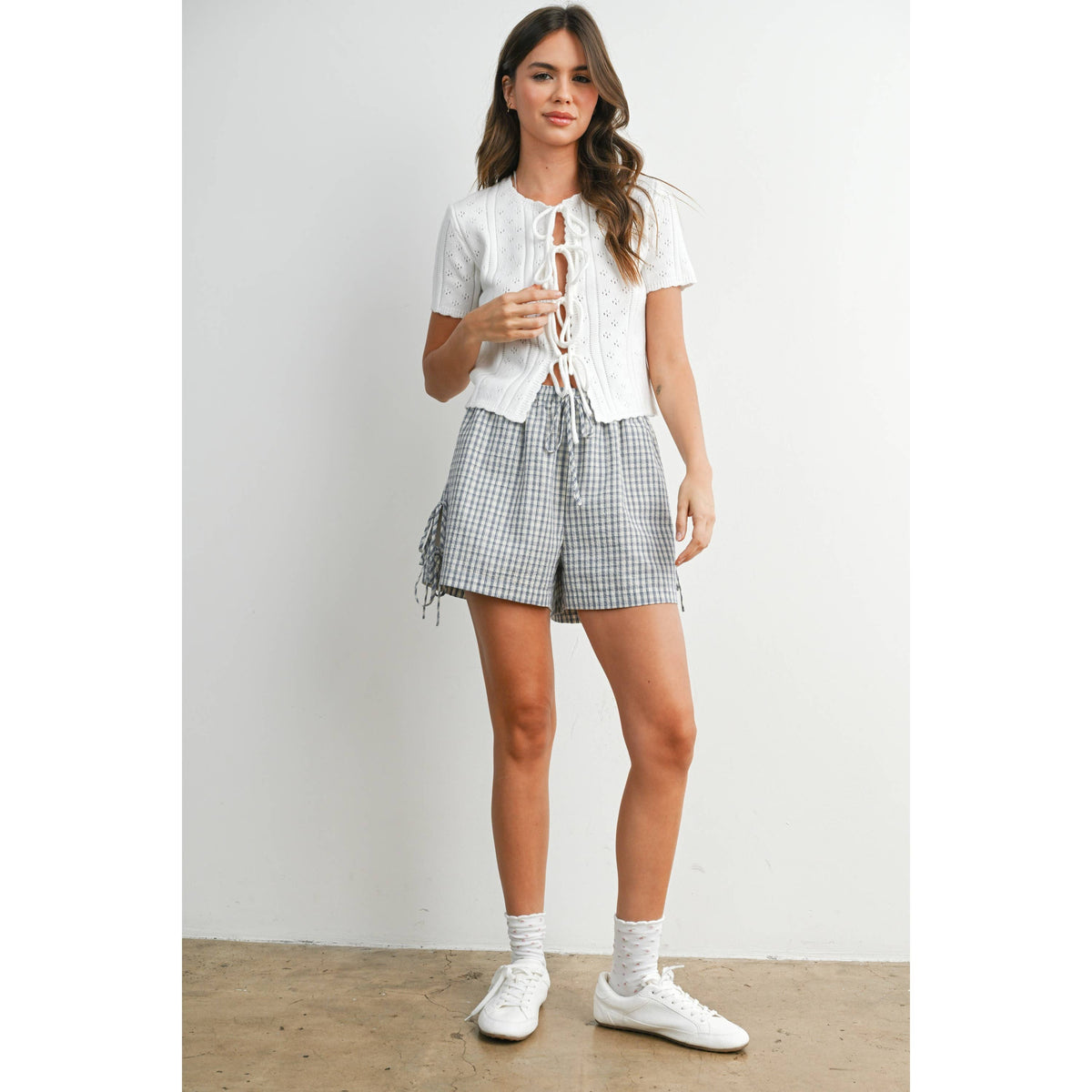 Scalloped Tie-Front Pointelle Knit Top