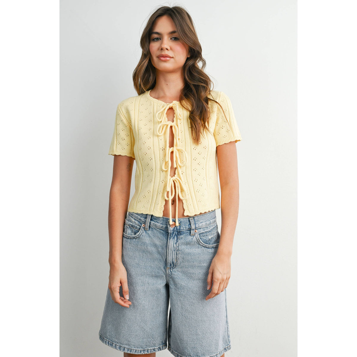 Scalloped Tie-Front Pointelle Knit Top