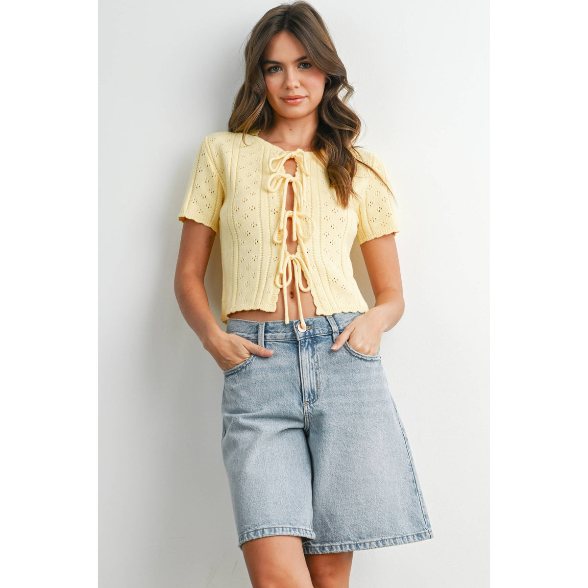 Scalloped Tie-Front Pointelle Knit Top