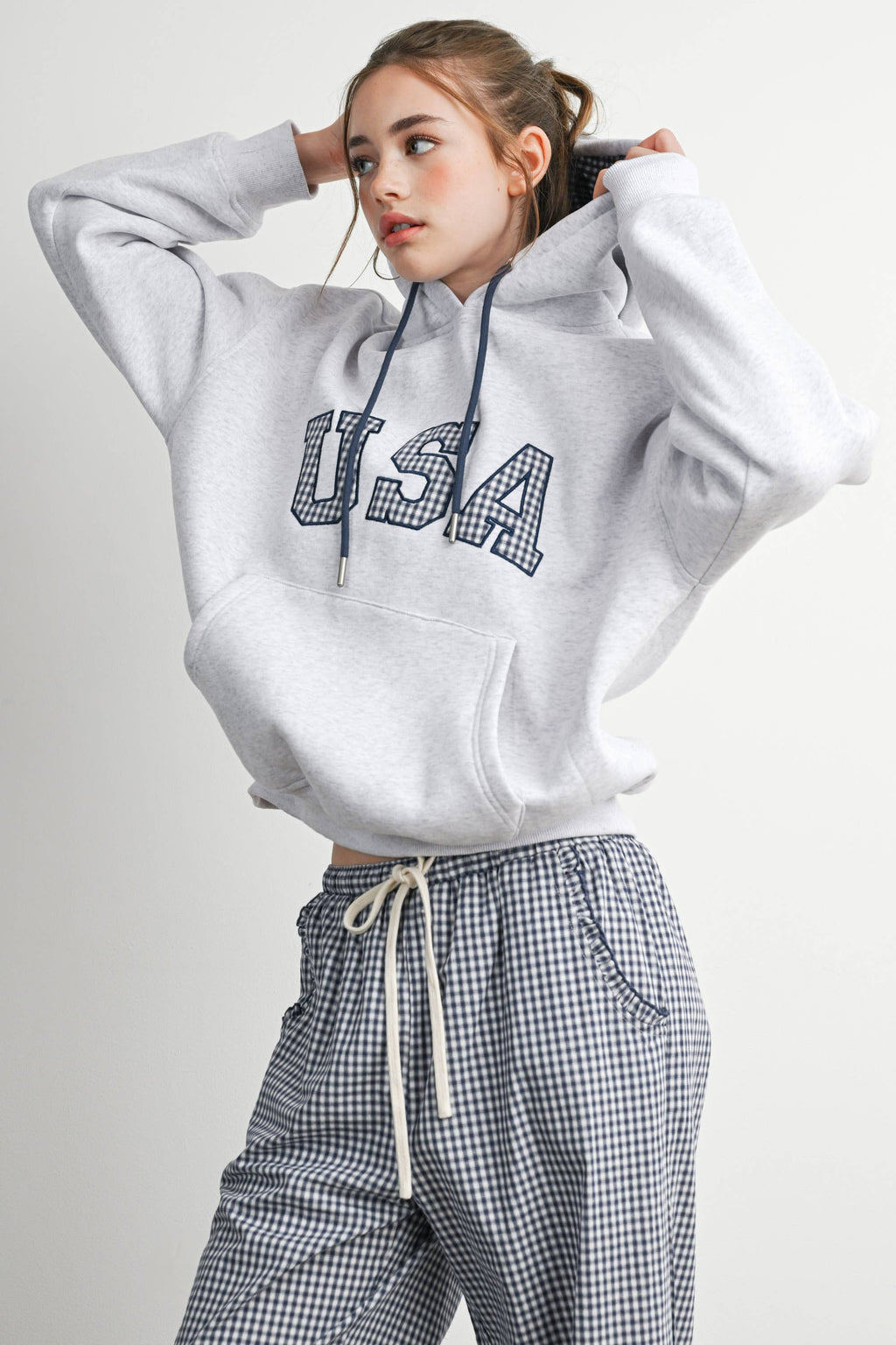 USA Graphic Gingham Lined Hooded Sweatshirt
