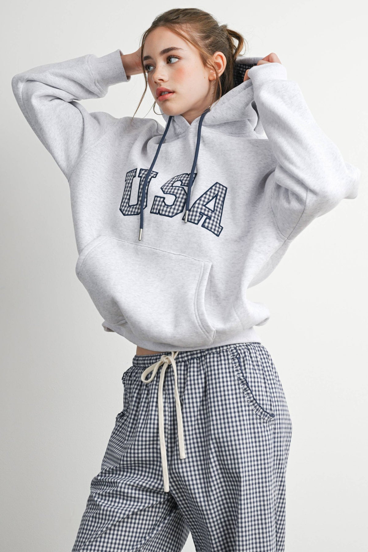 USA Graphic Gingham Lined Hooded Sweatshirt