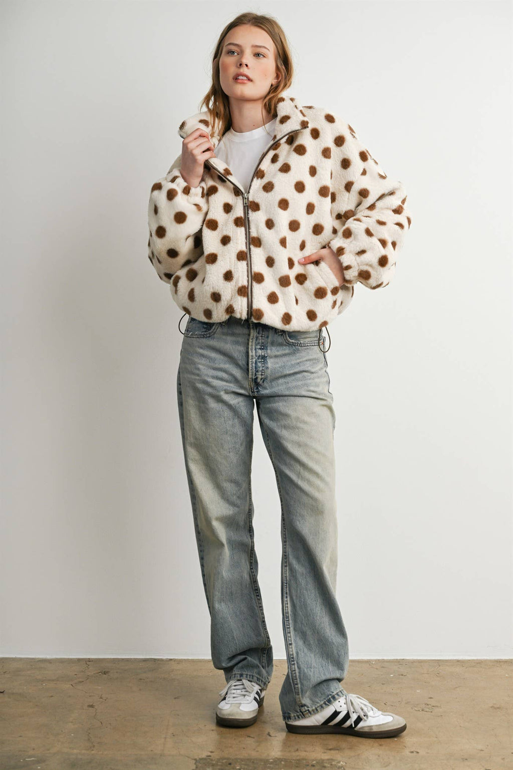 Cocoa Polka Dot Faux Fur Jacket