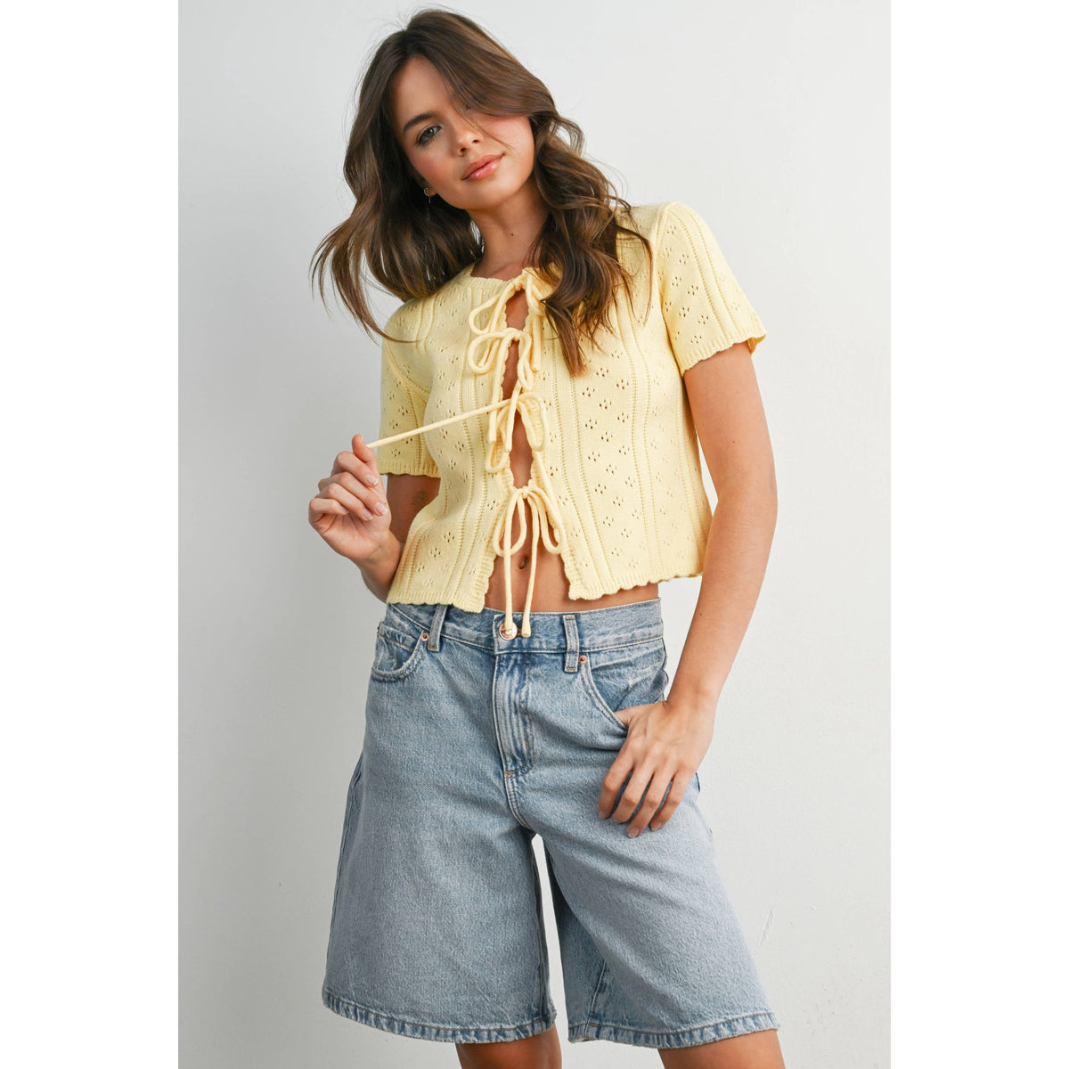 Scalloped Tie-Front Pointelle Knit Top