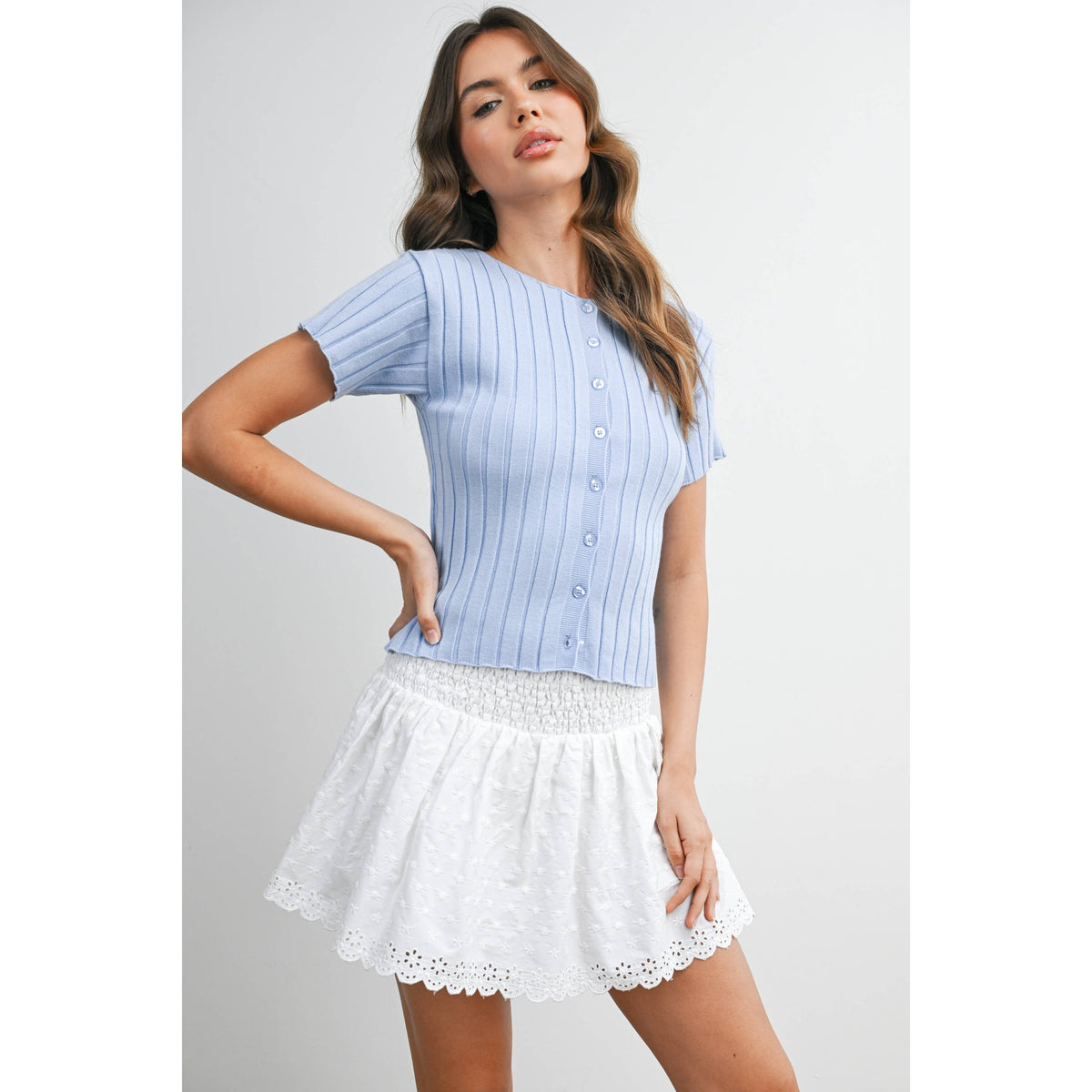 Ribbed Short Sleeve Buttoned Top