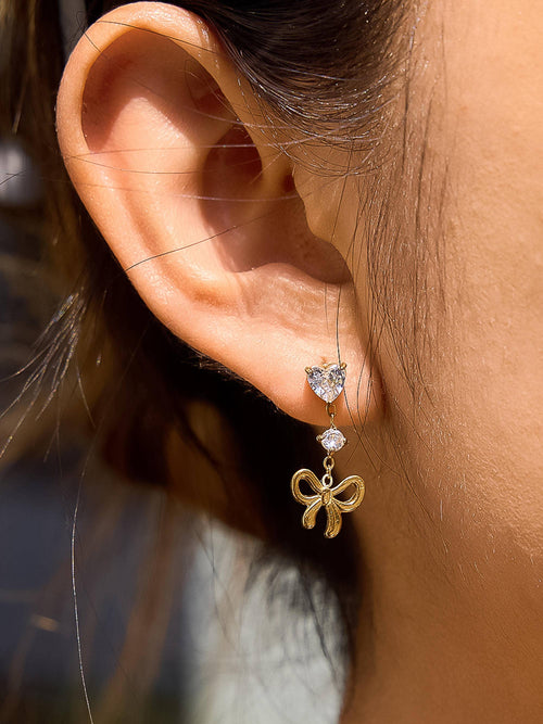 Clarette 18K Gold Non-Tarnish CZ Bow Drop Earrings