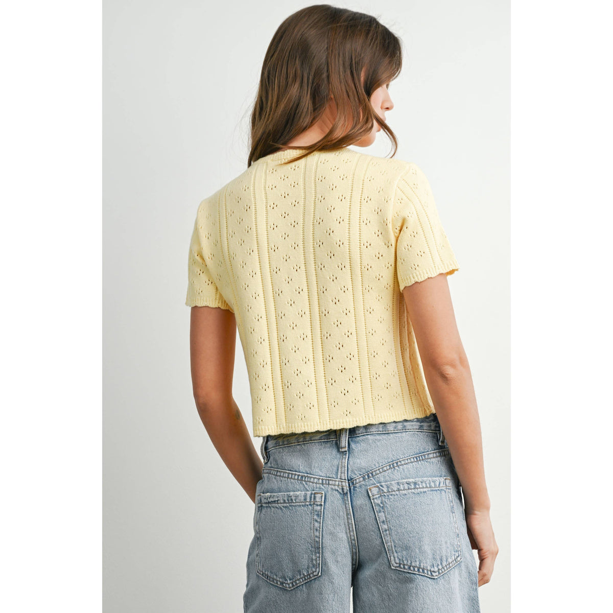 Scalloped Tie-Front Pointelle Knit Top