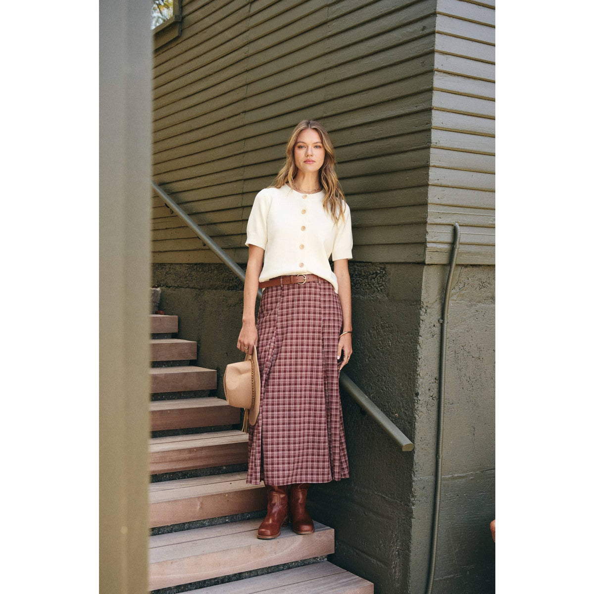 Maple Trail Heritage Plaid Flare Maxi Skirt with Belt