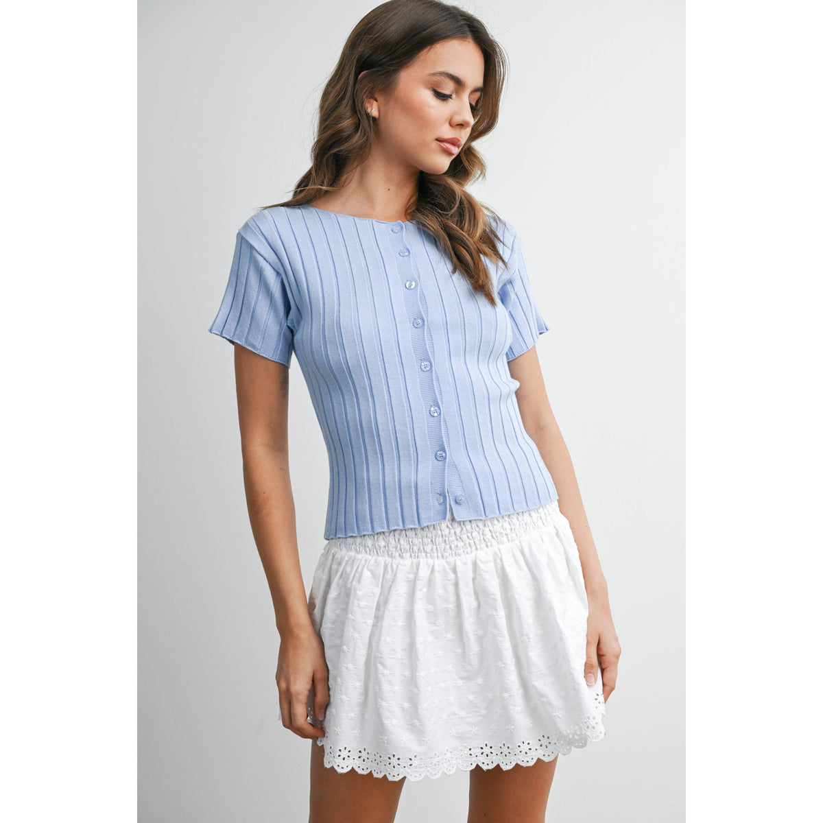 Ribbed Short Sleeve Buttoned Top