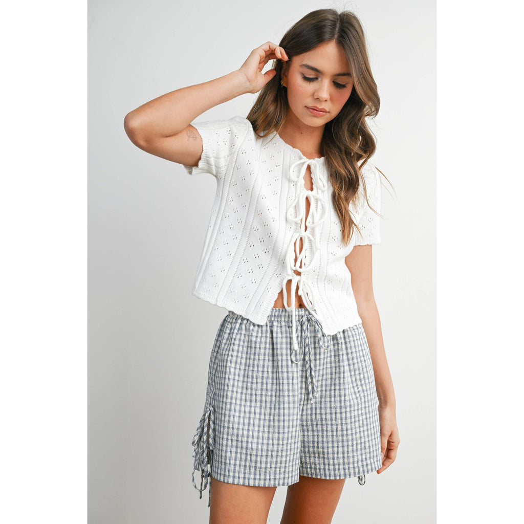 Scalloped Tie-Front Pointelle Knit Top