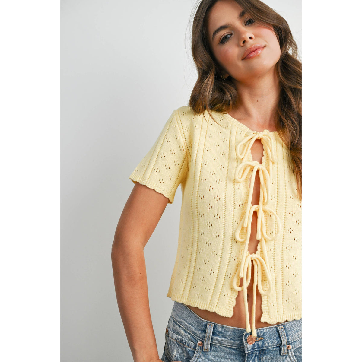 Scalloped Tie-Front Pointelle Knit Top