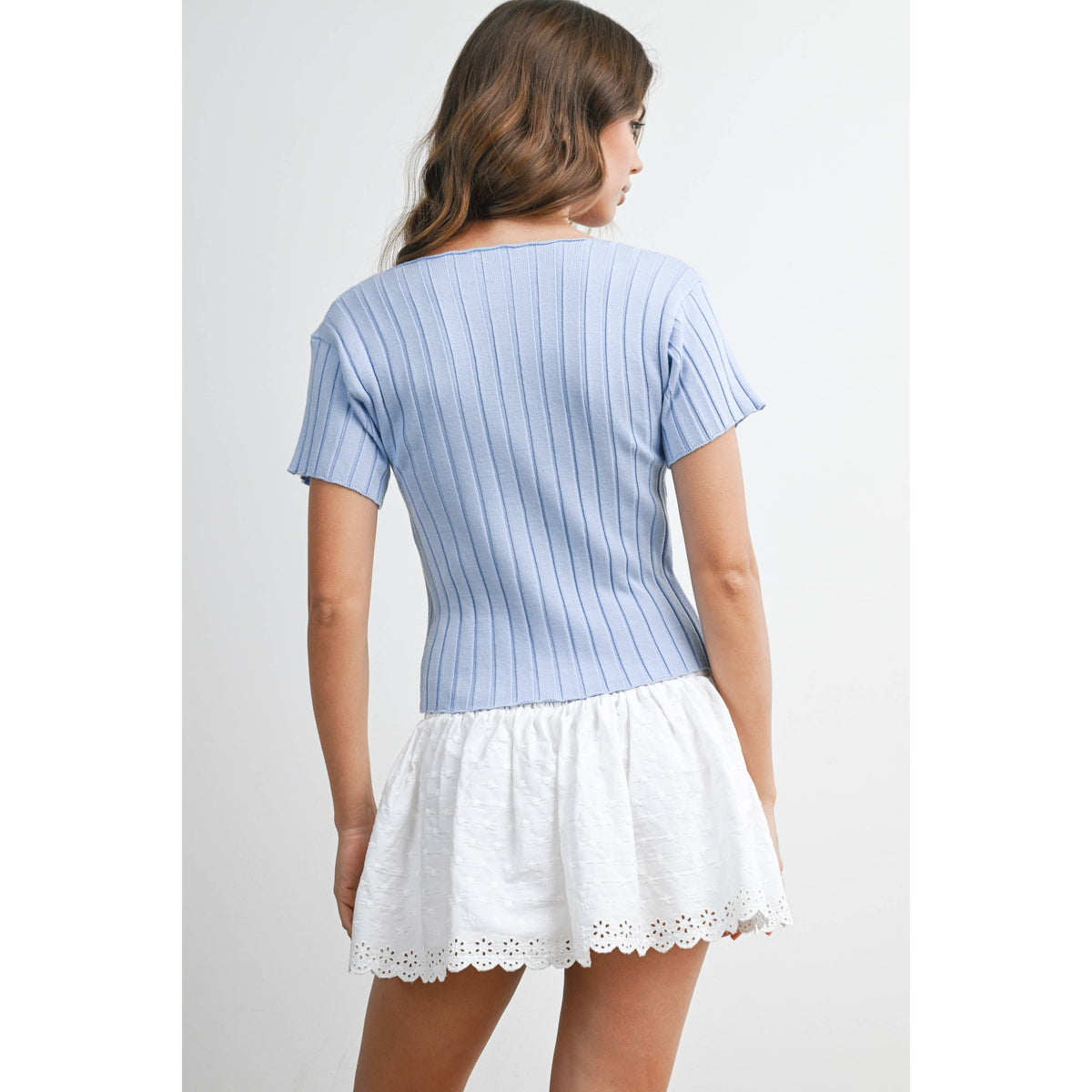 Ribbed Short Sleeve Buttoned Top