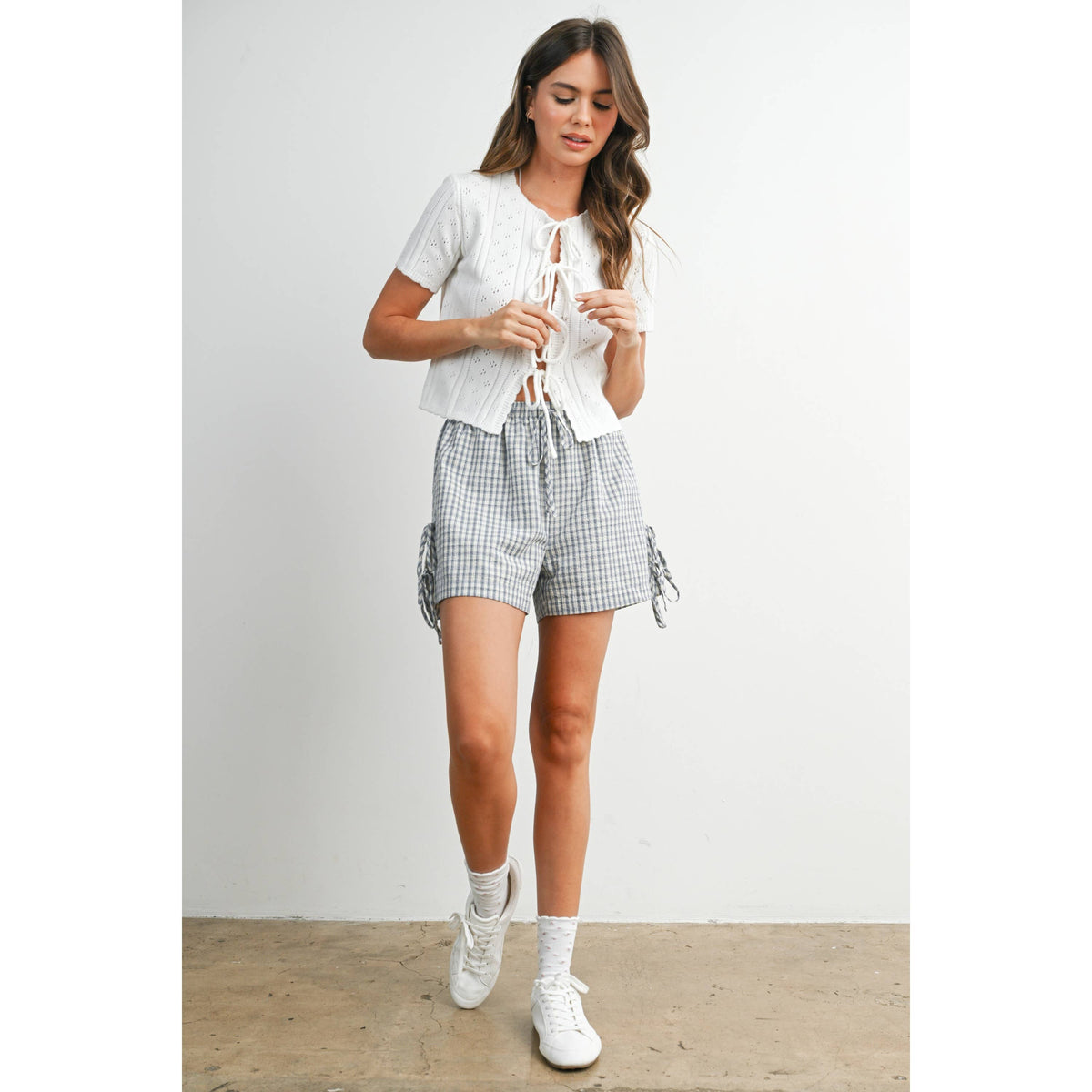 Scalloped Tie-Front Pointelle Knit Top