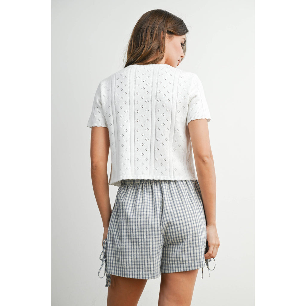 Scalloped Tie-Front Pointelle Knit Top