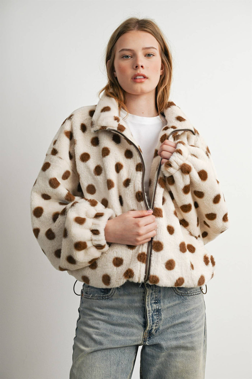 Cocoa Polka Dot Faux Fur Jacket