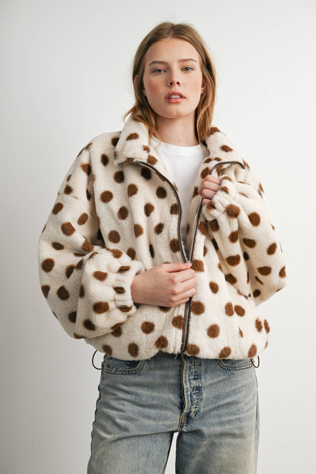 Cocoa Polka Dot Faux Fur Jacket