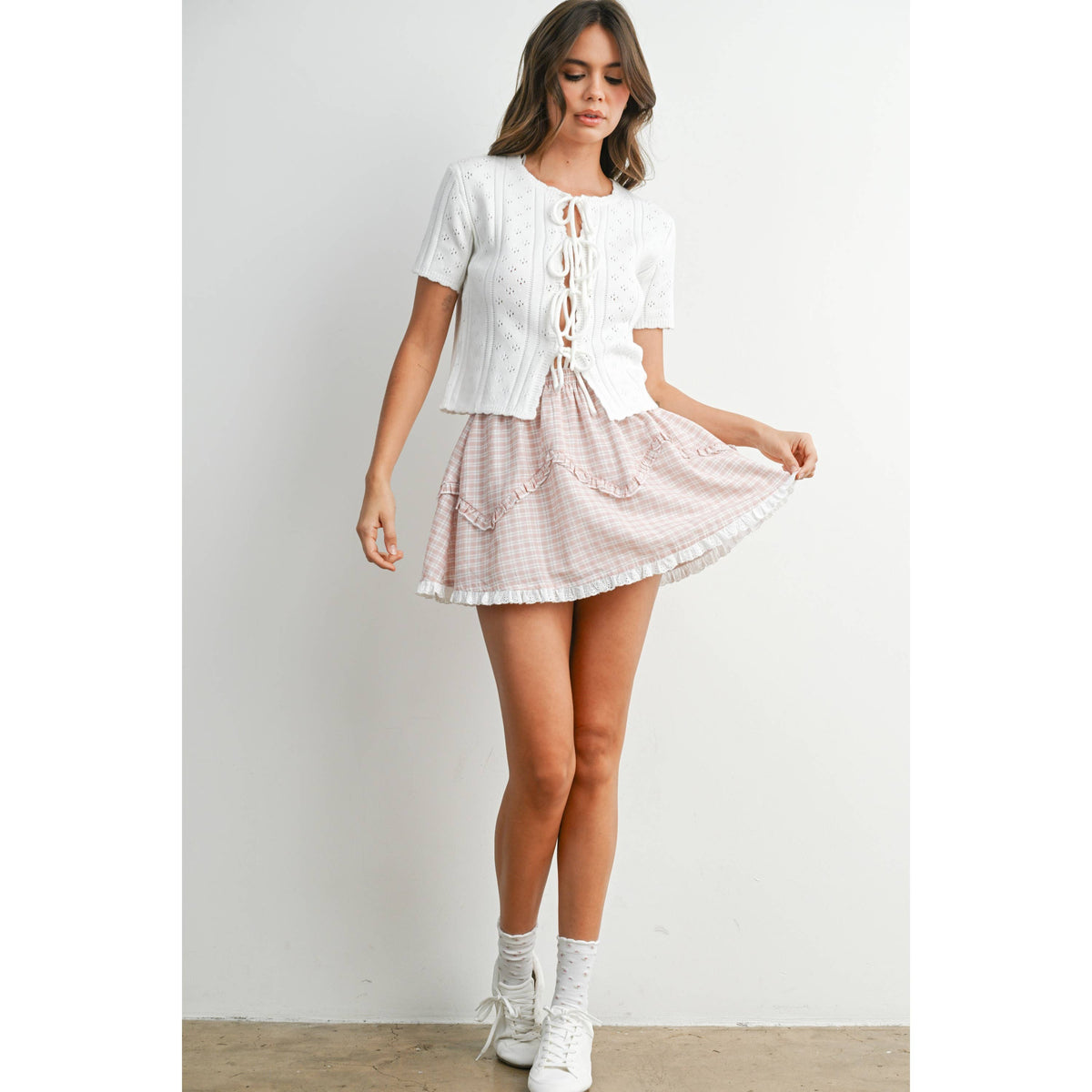 Scalloped Tie-Front Pointelle Knit Top