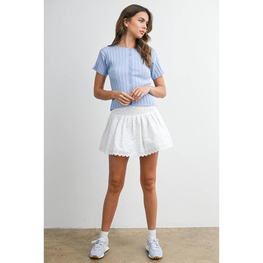 Ribbed Short Sleeve Buttoned Top