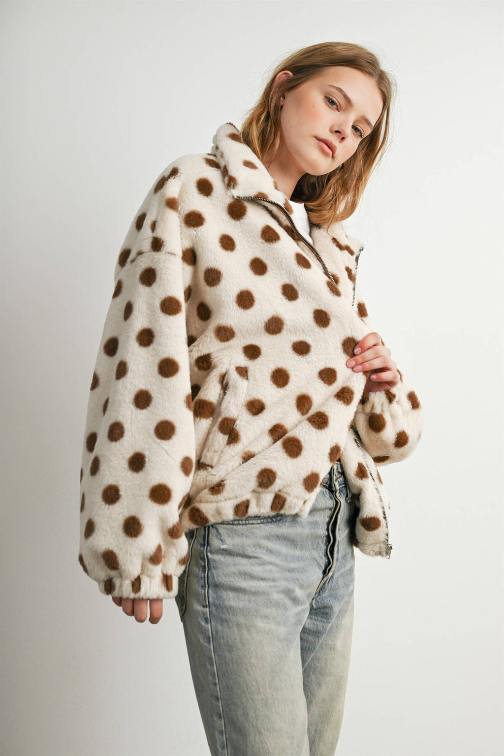 Cocoa Polka Dot Faux Fur Jacket