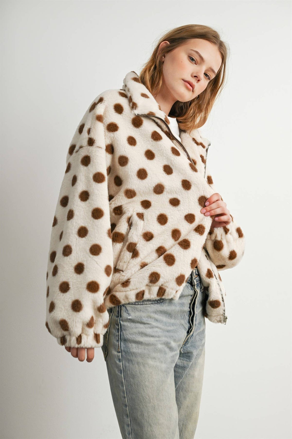 Cocoa Polka Dot Faux Fur Jacket