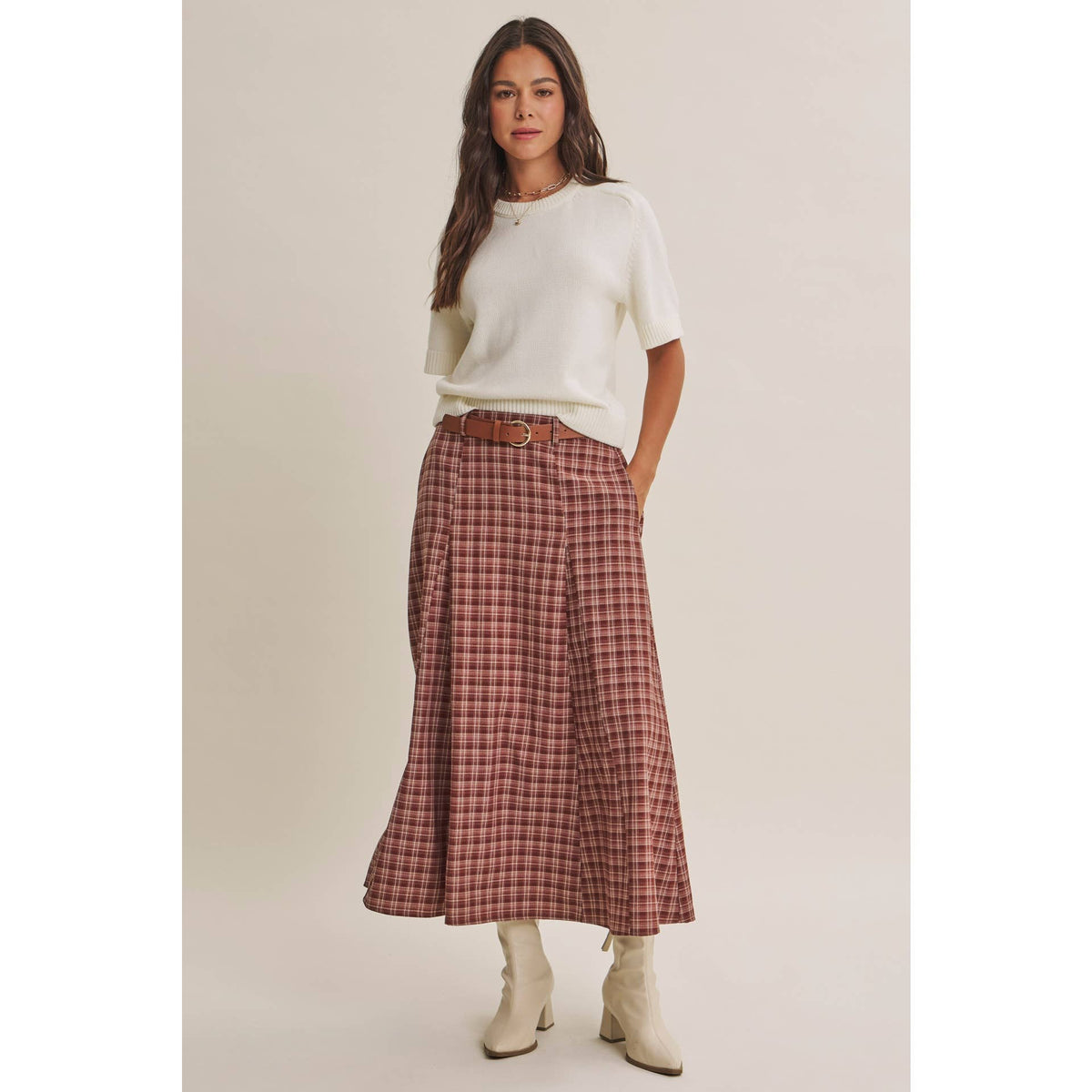 Maple Trail Heritage Plaid Flare Maxi Skirt with Belt