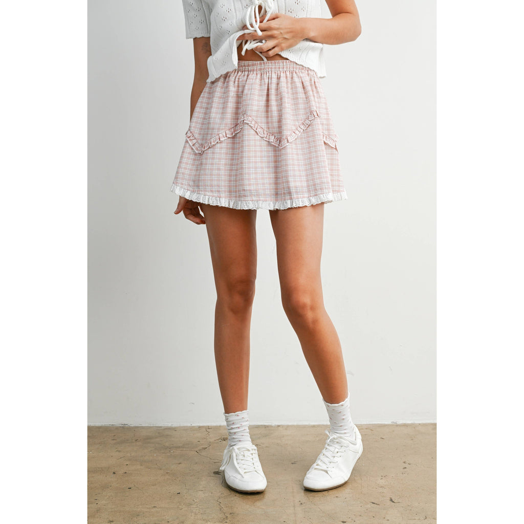 Vintage Check Mini Skirt with Lace Trim