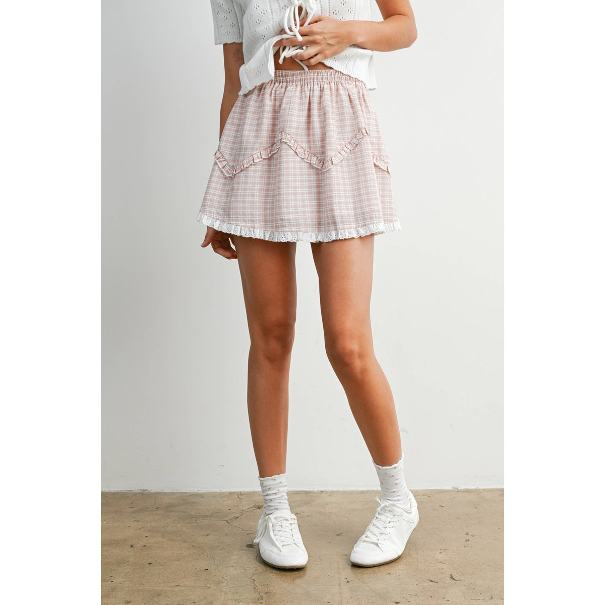 Vintage Check Mini Skirt with Lace Trim