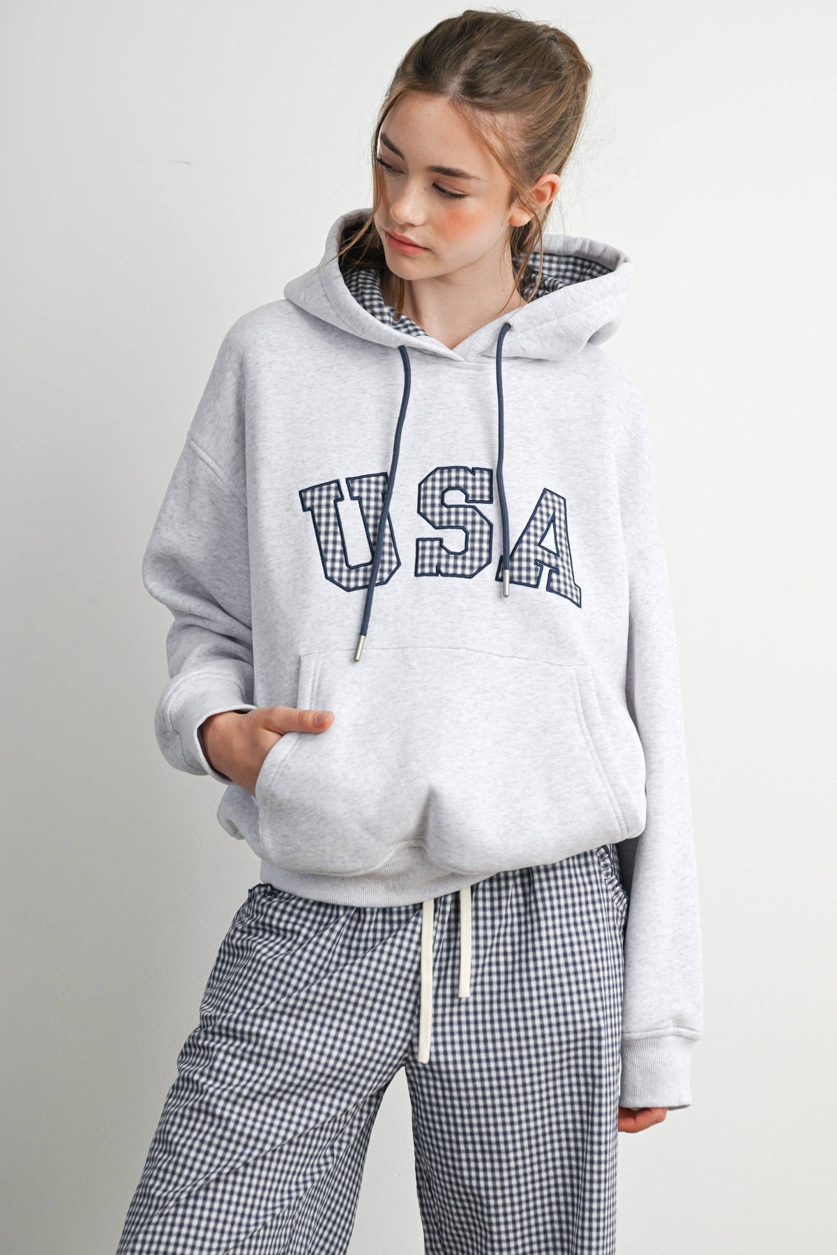 USA Graphic Gingham Lined Hooded Sweatshirt